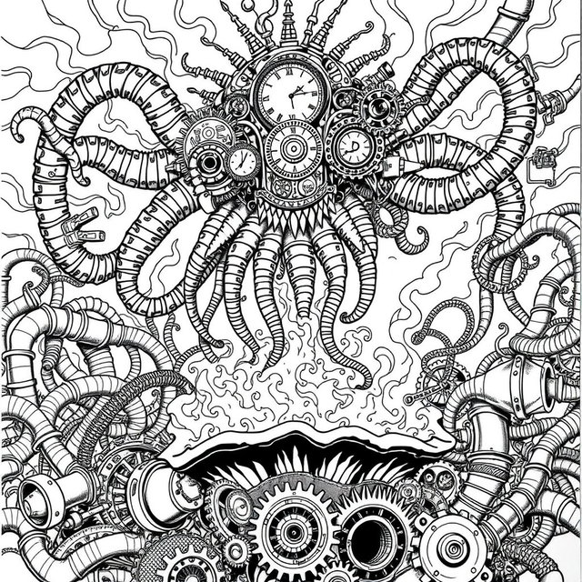 A black and white steampunk coloring page featuring a towering monster with intricate mechanical tentacles and glowing gears for eyes