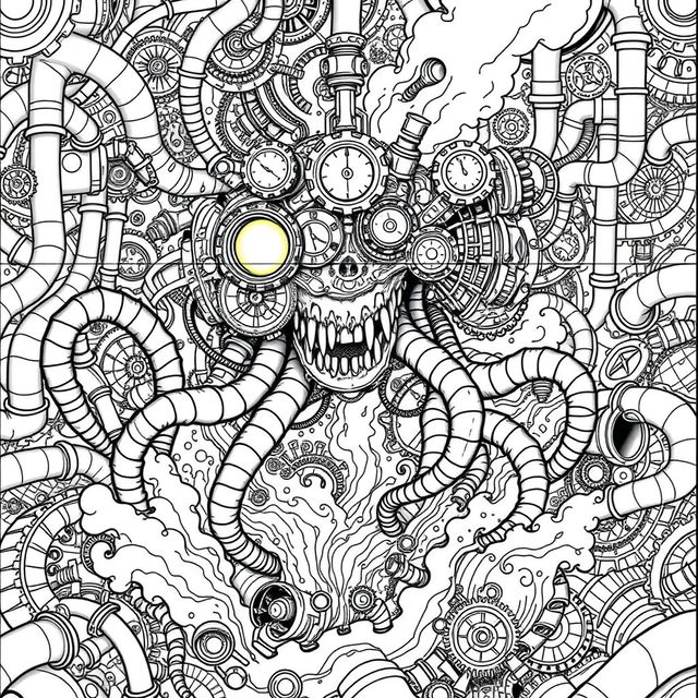 A detailed black and white steampunk coloring page featuring a monstrous creature with mechanical tentacles, glowing gears for eyes, and a face constructed from intricate clockwork and tubing