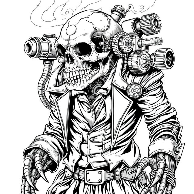 A black and white steampunk coloring page featuring a humanoid monster with exposed gears and a half-metal skull