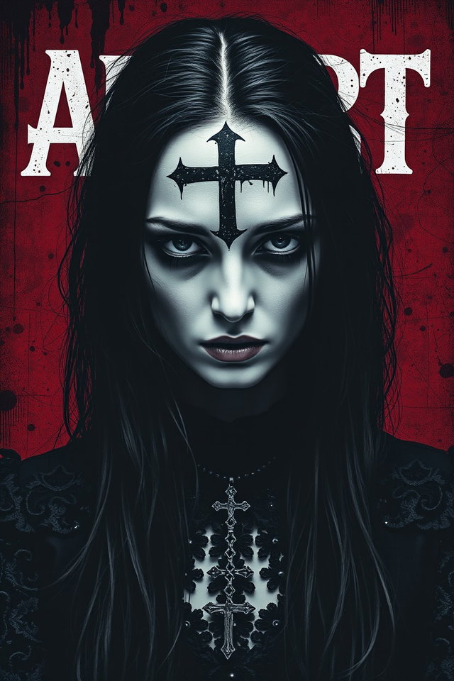 A gothic horror portrait of a pale, somber woman with long, messy black hair, wearing dark Victorian-style lace clothing