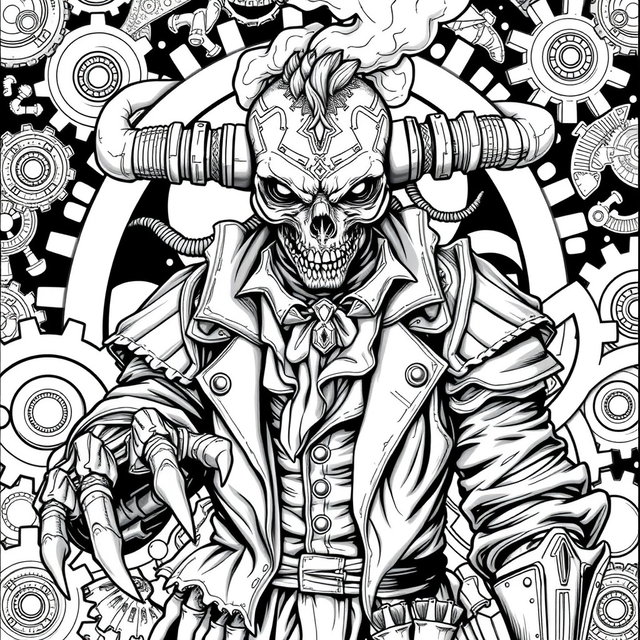 A black and white steampunk coloring page featuring a humanoid monster with a mask and a half-metal skull