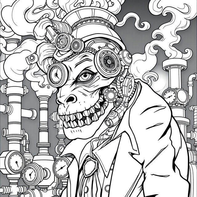 A detailed black and white line art coloring page showcasing a steampunk monster in humanoid form