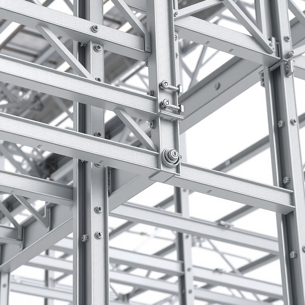 A detailed representation of steel detailing created using Tekla software, showcasing intricate connections and fabrication details of steel structures