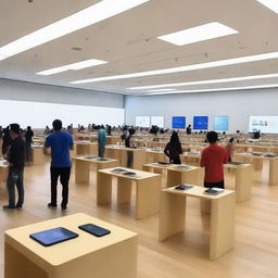 A bustling Apple Store with sleek, shiny iPhones on display