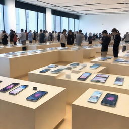 A bustling Apple Store with sleek, shiny iPhones on display