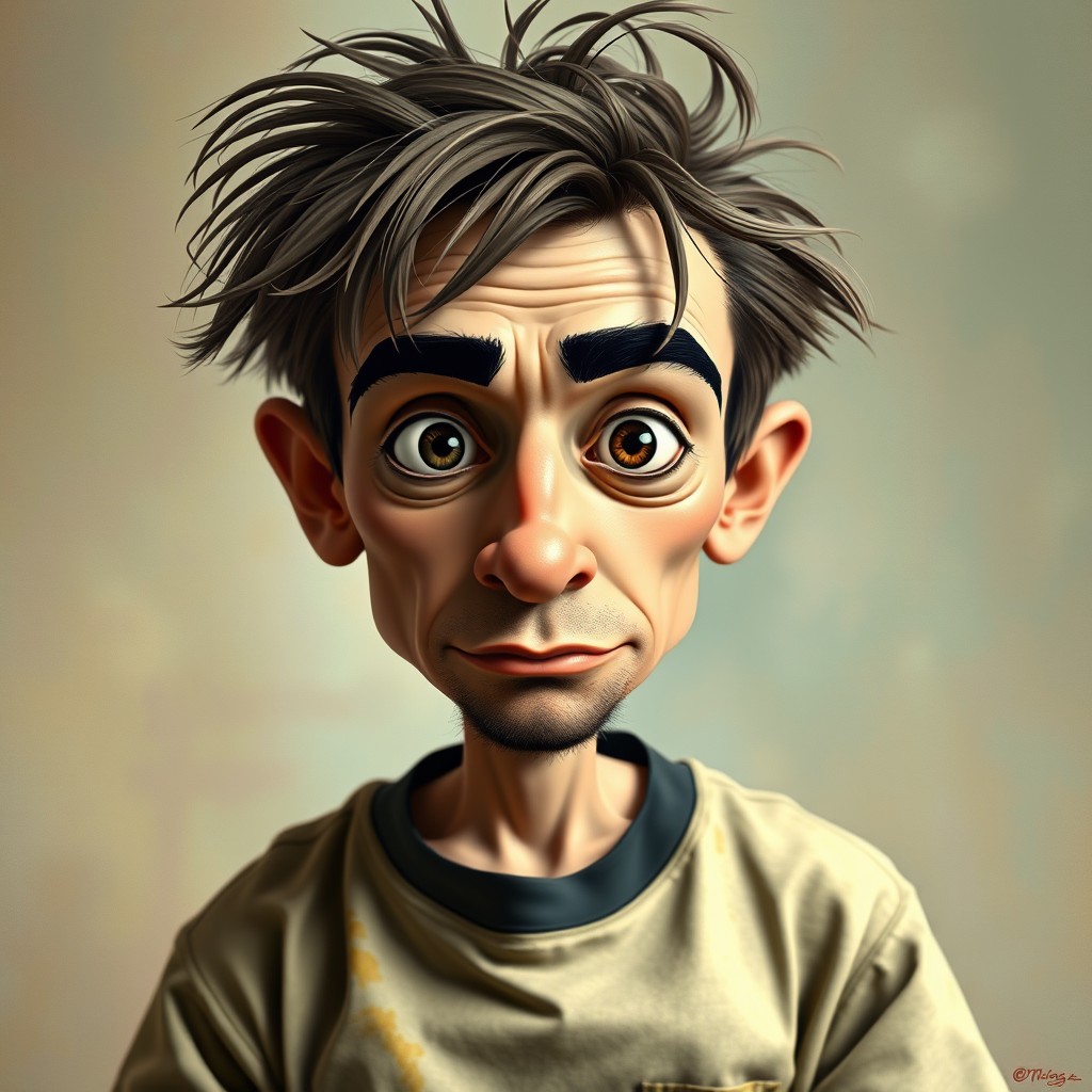 A stylized portrait of a man with exaggerated features that convey a unique and unconventional appearance