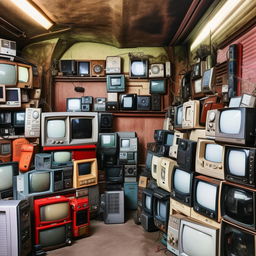 An old-fashioned store packed with used phones and various models of televisions