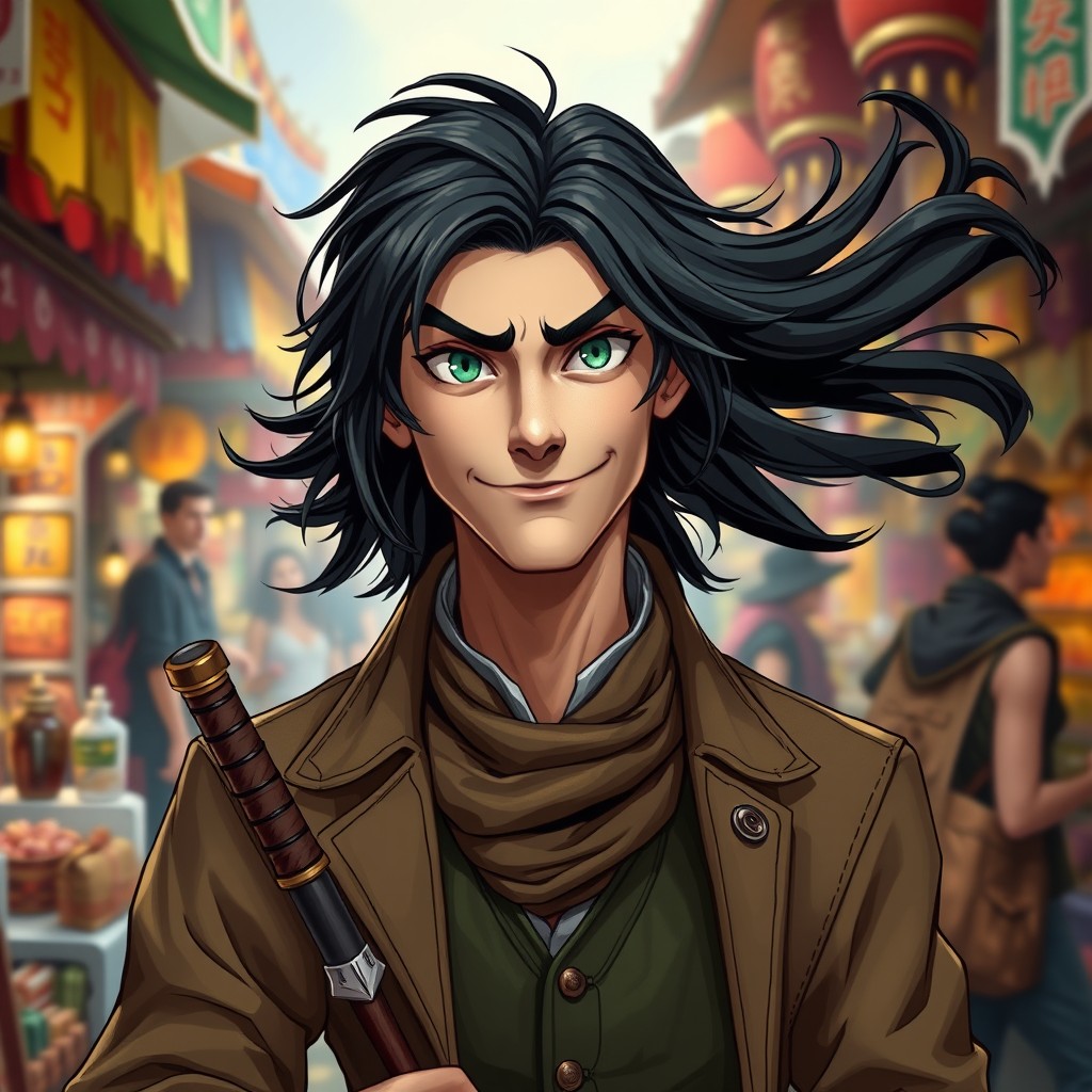 A savvy 20-year-old merchant with striking green eyes and flowing long black hair, exuding an intelligent and confident aura