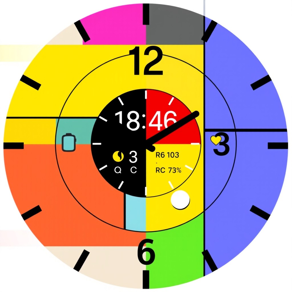 A digital watch face design in the style of Piet Mondrian, featuring a circular shape divided into various quadrants