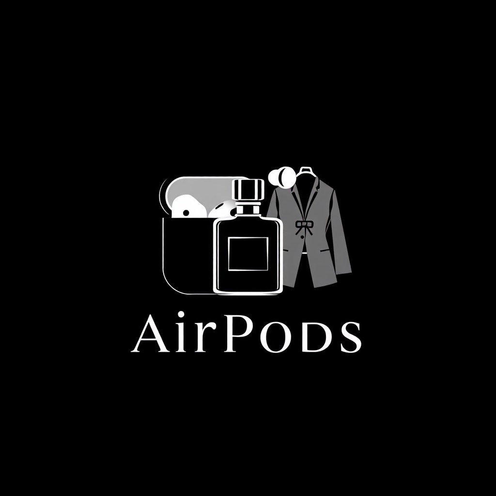 An elegant logo representing a brand that sells AirPods, perfumes, and clothing