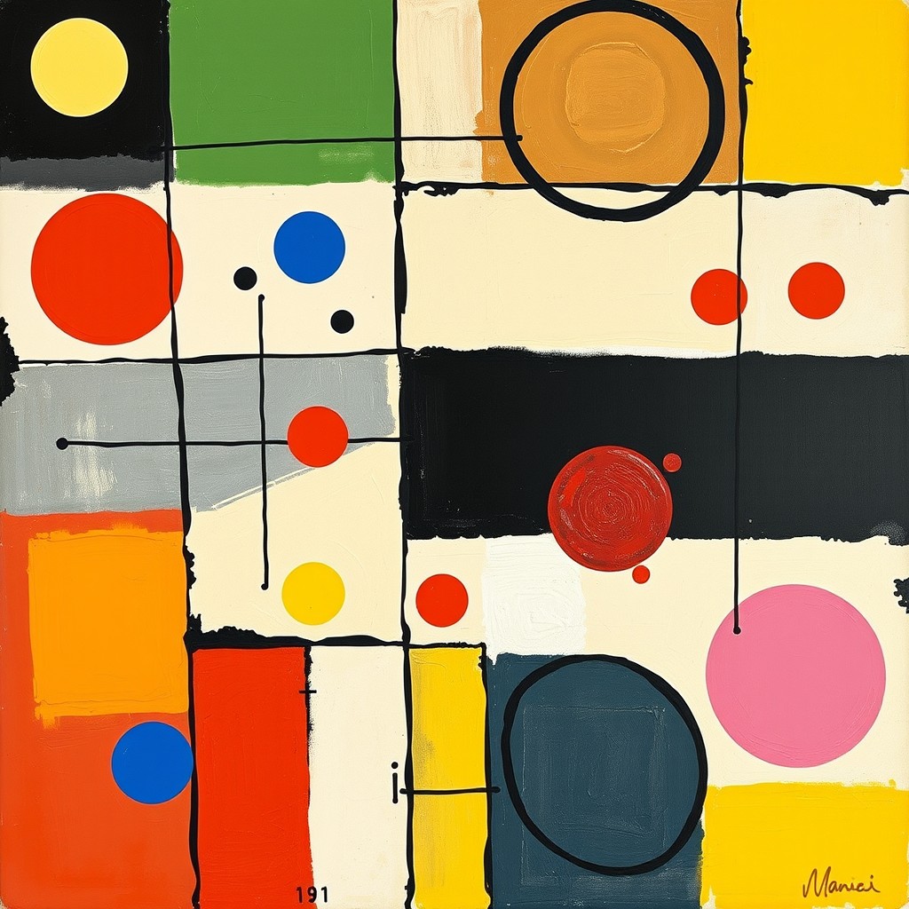 An acrylic painting in the style of Wassily Kandinsky, characterized by geometric shapes, vibrant colors, and abstract forms