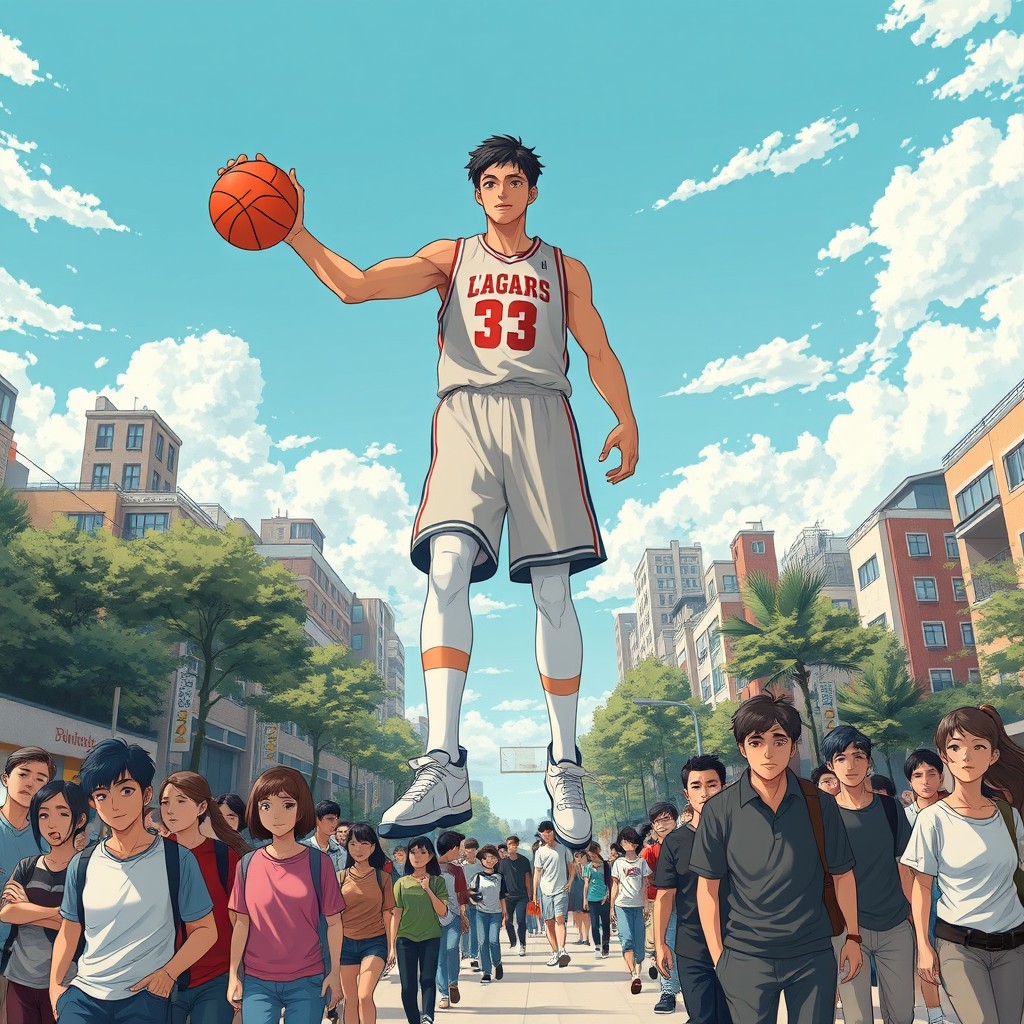 A stunning anime-style illustration of a giant 30-meter tall young basketball player dominating the scene