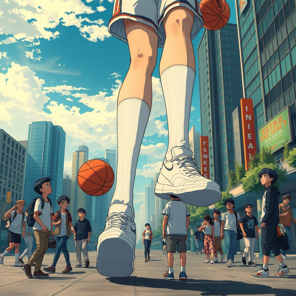 A captivating anime-style image of a giant young basketball player towering at 30 meters tall, wearing white knee-high socks