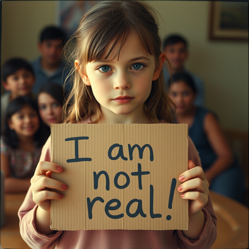 A realistic photo of a girl holding a handmade cardboard sign that says "I am not real"