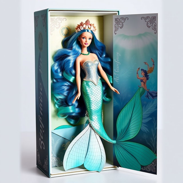 A beautiful Barbie mermaid inspired by Neptune, the god of the sea, elegantly displayed inside her collector’s box