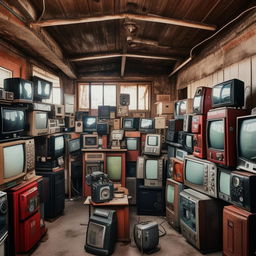 An old-fashioned store packed with used phones and various models of televisions