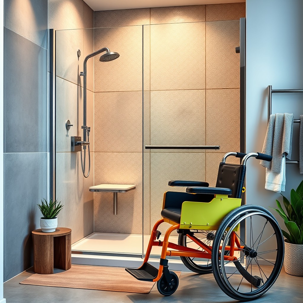 An accessible, modern bathroom featuring an ADA compliant shower designed for wheelchair users
