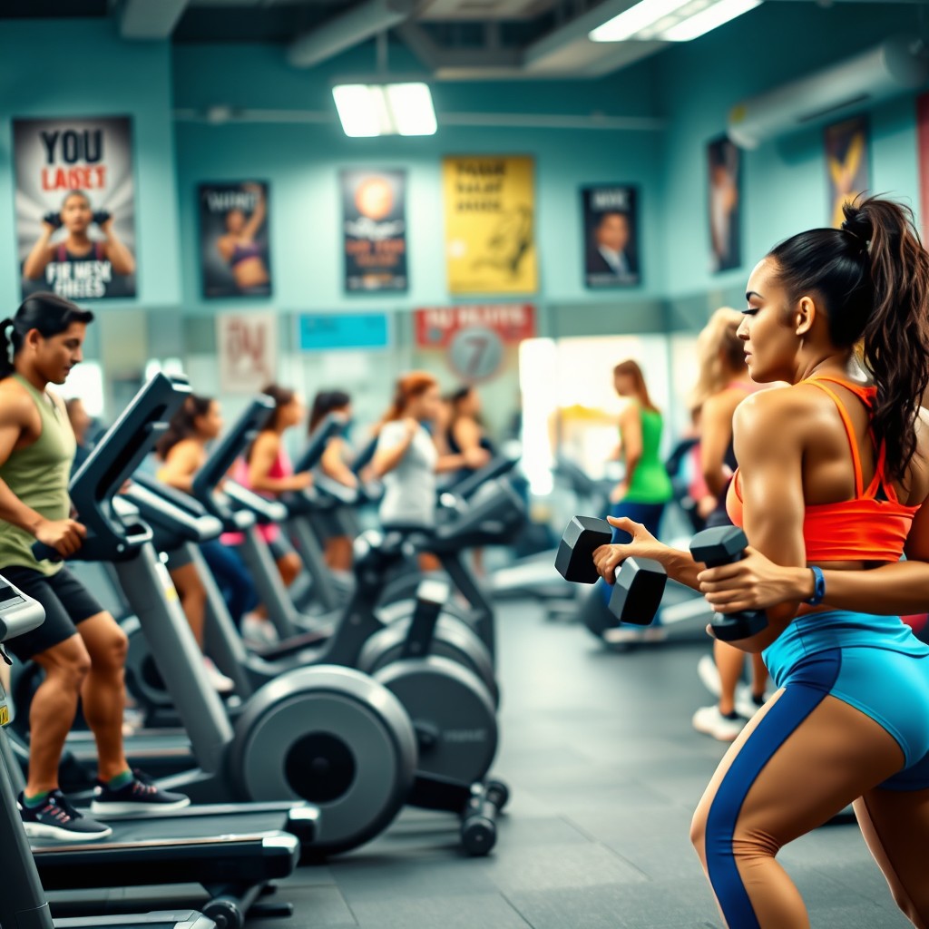 A vibrant gym scene filled with diverse individuals engaging in various workout activities