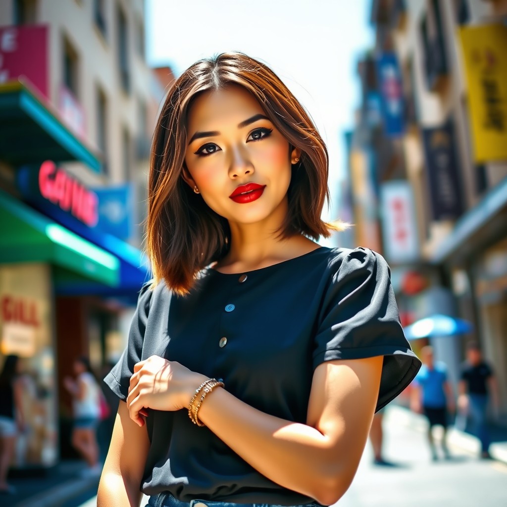 A fashionable young woman wearing a stylish short sleeve blouse, confidently posing in an urban setting