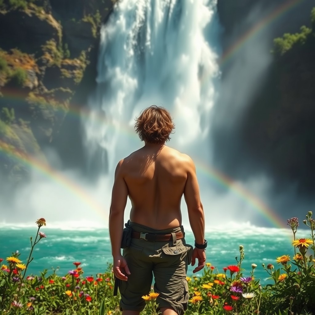 A mesmerizing scene featuring a rugged, solitary man standing before a majestic waterfall
