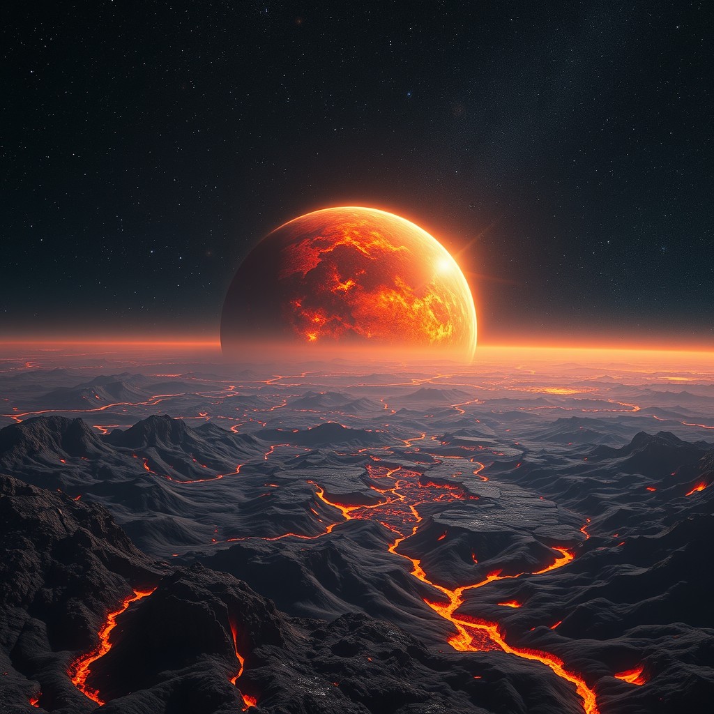 A breathtaking view of an endless space landscape, featuring a large, burning hot planet with vivid red and orange hues reflecting its intense heat