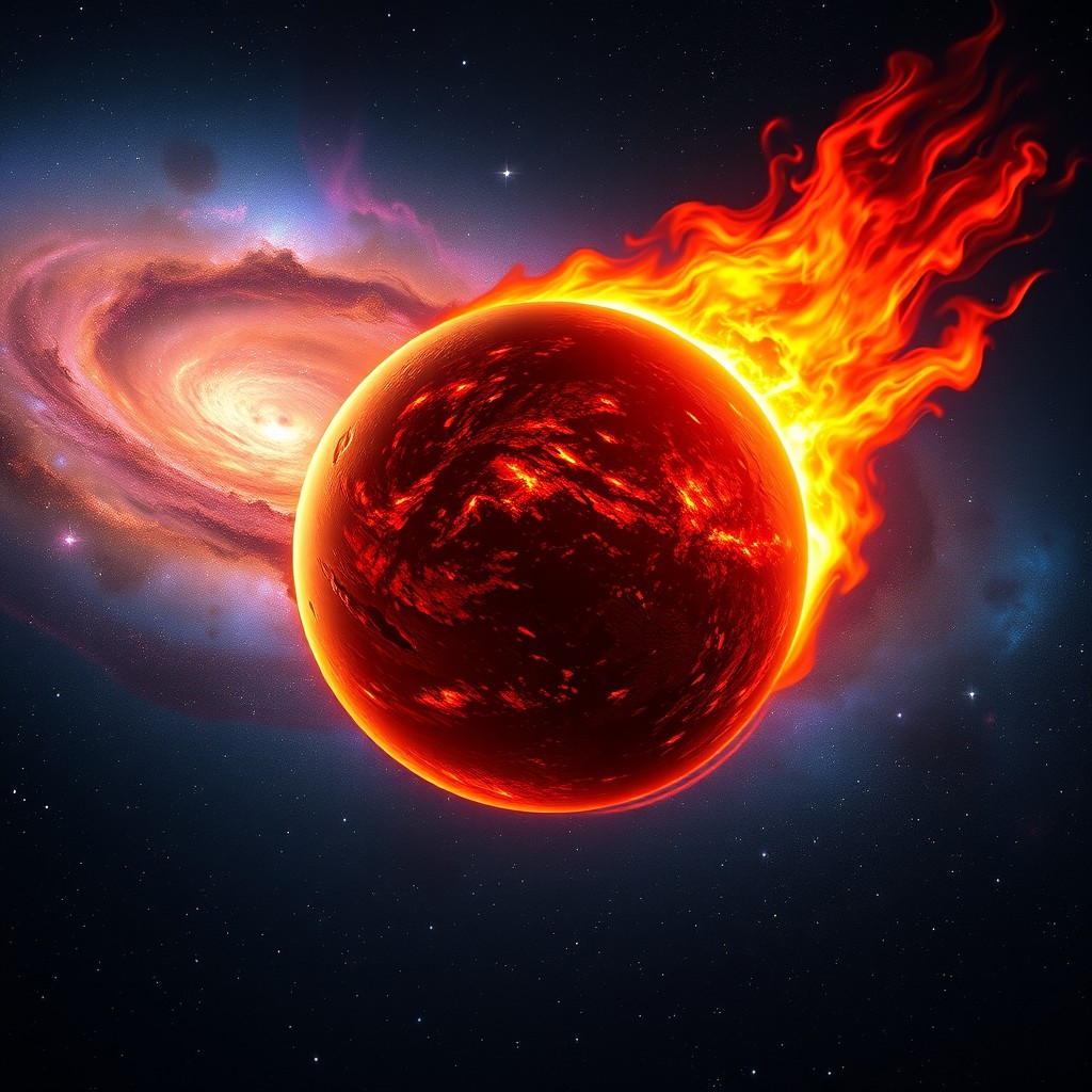 A stunning depiction of a hot, fiery planet soaring through the expansive Milky Way galaxy, with vibrant cosmic colors swirling in the background