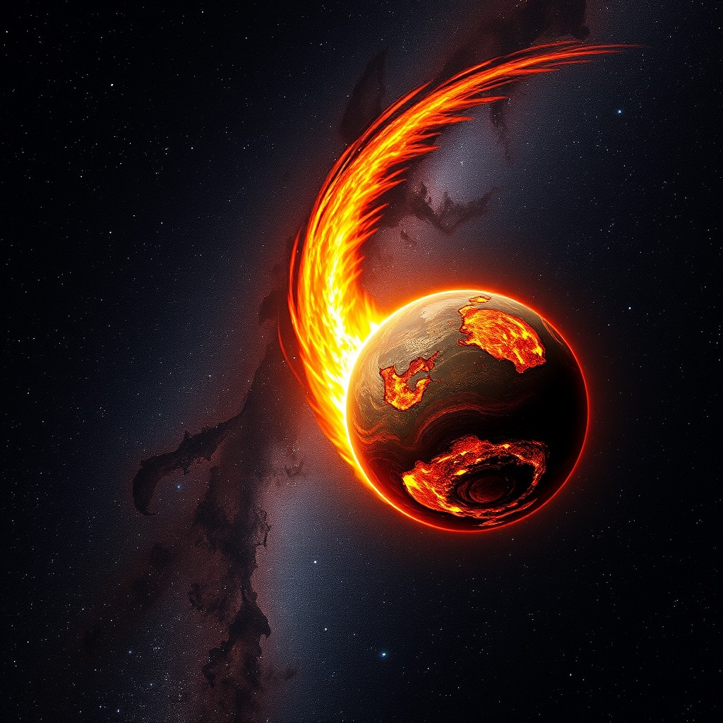 In the depths of space, a vibrant, hot planet zooms through the Milky Way galaxy, with a stunning tail of fire trailing behind it, casting a fiery glow against the dark cosmos