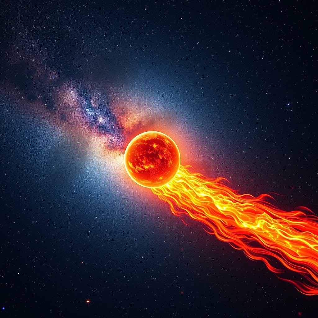 A stunning visual of a hot, fiery planet soaring through the vastness of the Milky Way galaxy