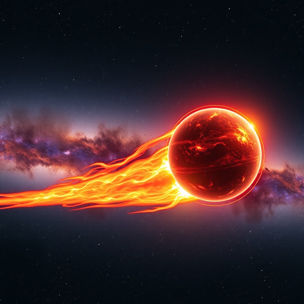 A stunning scene in space depicting a vibrant, hot planet soaring majestically through the Milky Way galaxy