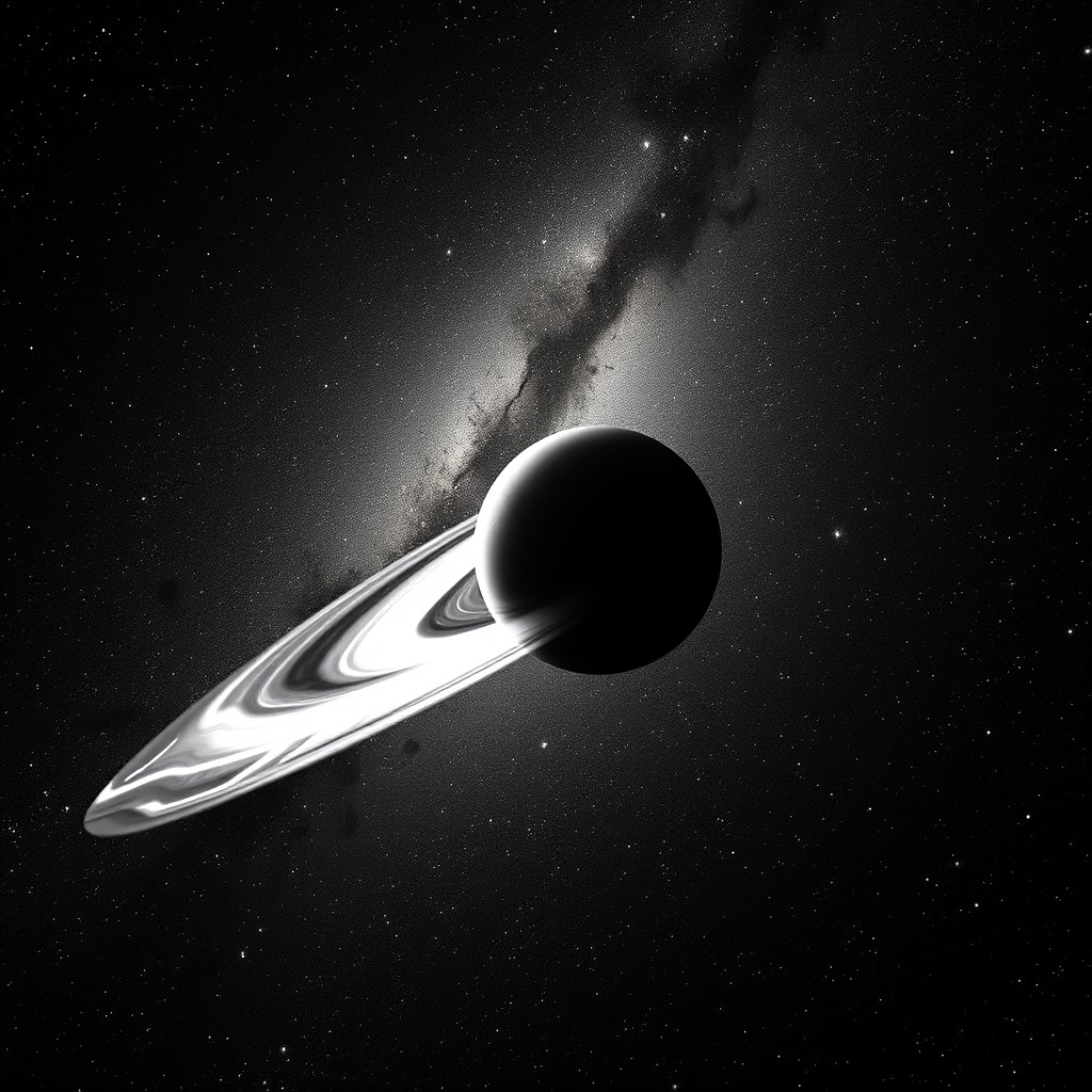 A stunning black and white image showcasing a hot planet soaring through the magnificent expanse of the Milky Way galaxy