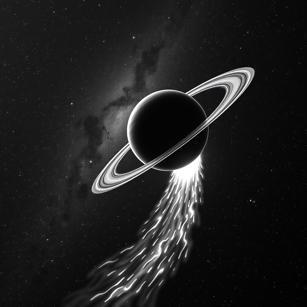 A stunning black and white image of a beautiful planet flying through the Milky Way galaxy, showcasing a mesmerizing tail of fire stretching behind it as it travels through the vast space filled with twinkling stars and cosmic dust