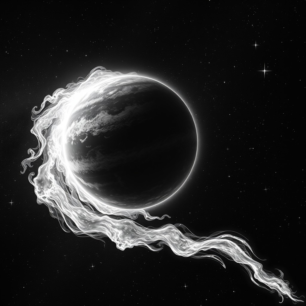 A stunning black and white image of a hot planet soaring through the Milky Way galaxy