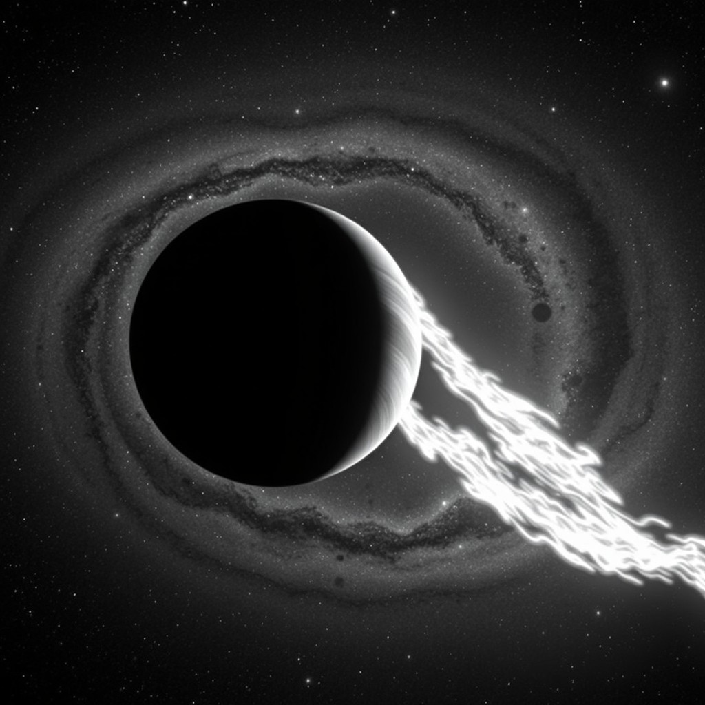 A stunning black and white image of a hot planet soaring through the Milky Way galaxy, with a dramatic tail of fire trailing behind it