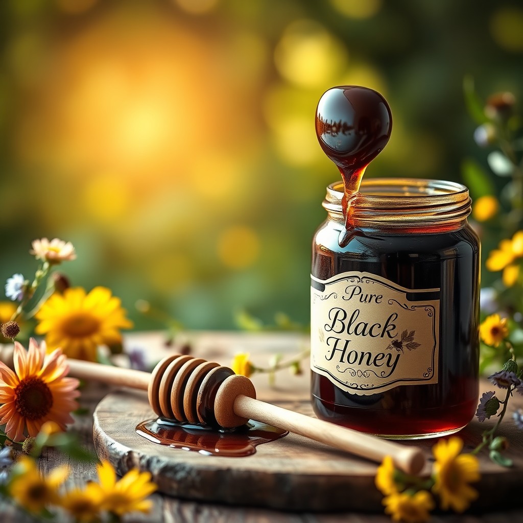 A captivating advertisement for black Oak Honey, showcasing a beautifully arranged table with a jar of rich, dark black Oak Honey prominently displayed