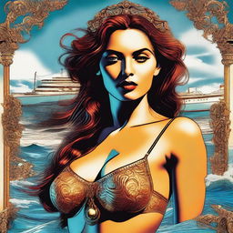 A digital art of a woman with a titanic bust size, wearing a sexy bikini