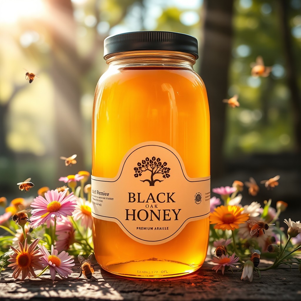 A visually captivating publicity advertisement for premium black Oak Honey