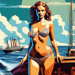 A digital art of a woman with a titanic bust size, wearing a sexy bikini