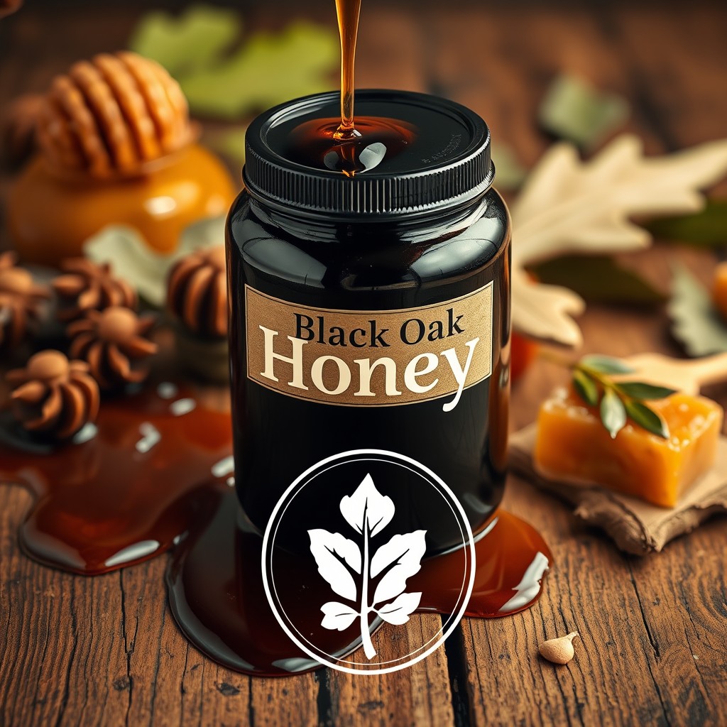 A beautiful and artistic publicity design for a black oak honey product