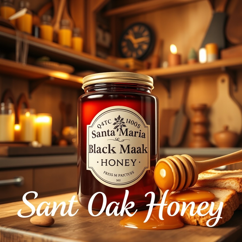 A stunning advertisement for Santa Maria Black Oak Honey, featuring a beautifully designed jar of black oak honey with the logo prominently displayed on the front