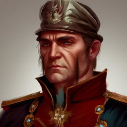 Further reduce the brush stroke count in the digitally painted portrait of the fantasy General, using only the minimal strokes necessary to depict his face while preserving the textured style of classic oil paintings.