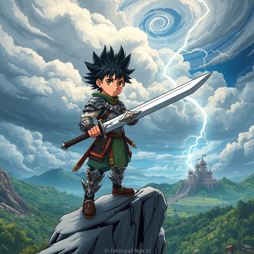 A visually captivating scene inspired by manhwa art style, featuring a dynamic character design of a young warrior with spiky hair and intricate armor, standing heroically on a cliff overlooking a sprawling fantasy landscape