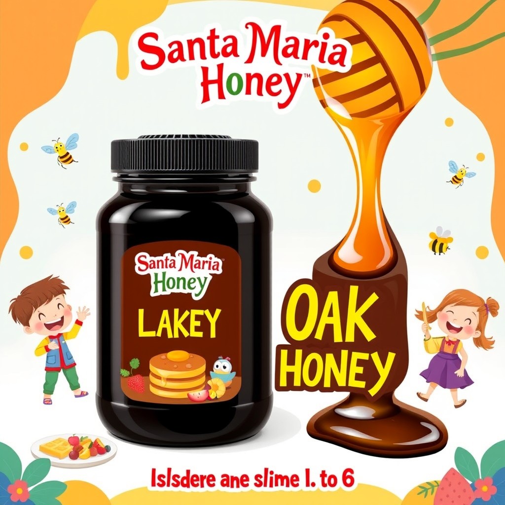 A vibrant and engaging advertisement for 'Santa Maria Honey' featuring a jar of rich black Oak Honey