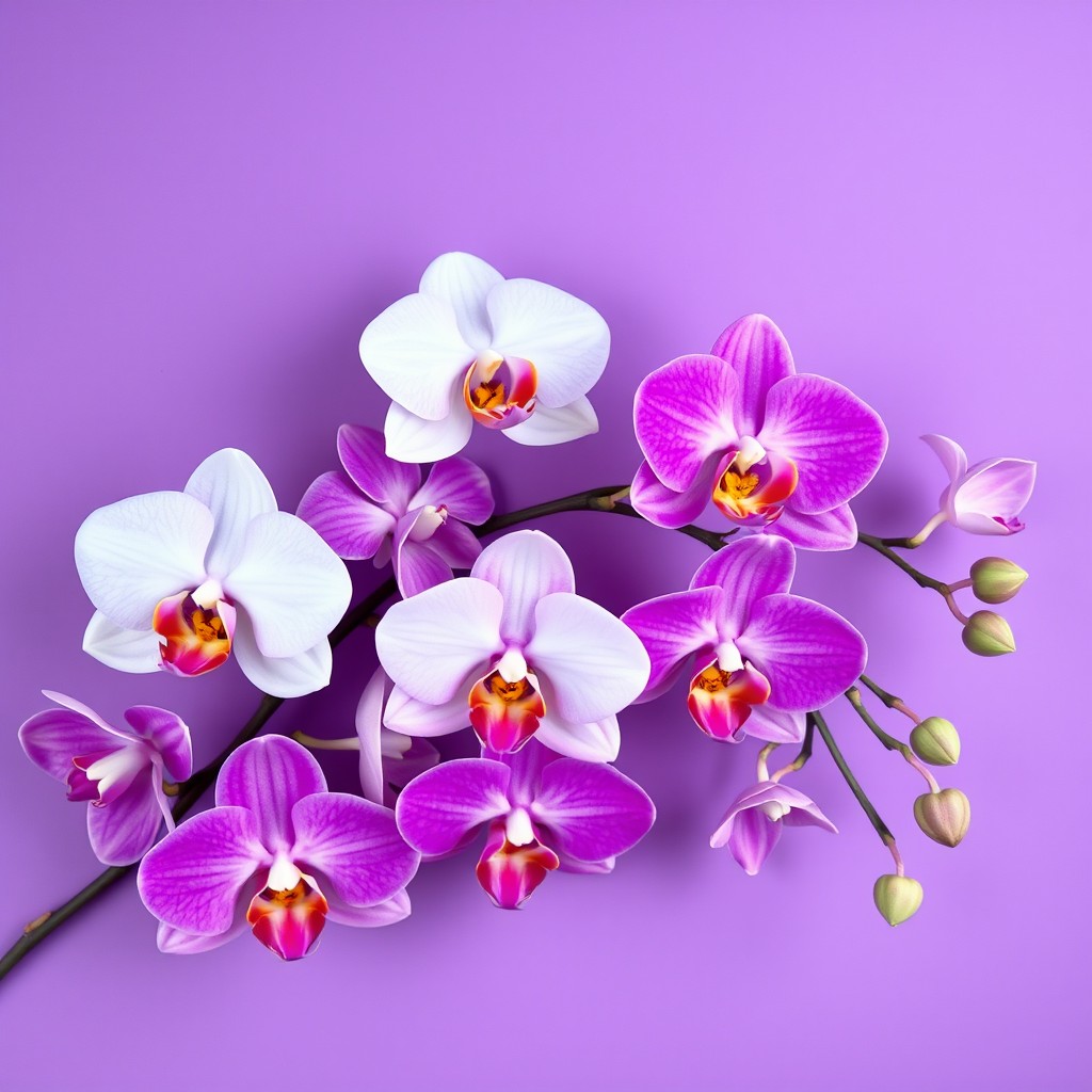 A beautiful arrangement of delicate orchids in various shades of purple, pink, and white, creating a charming background with a soft gradient effect