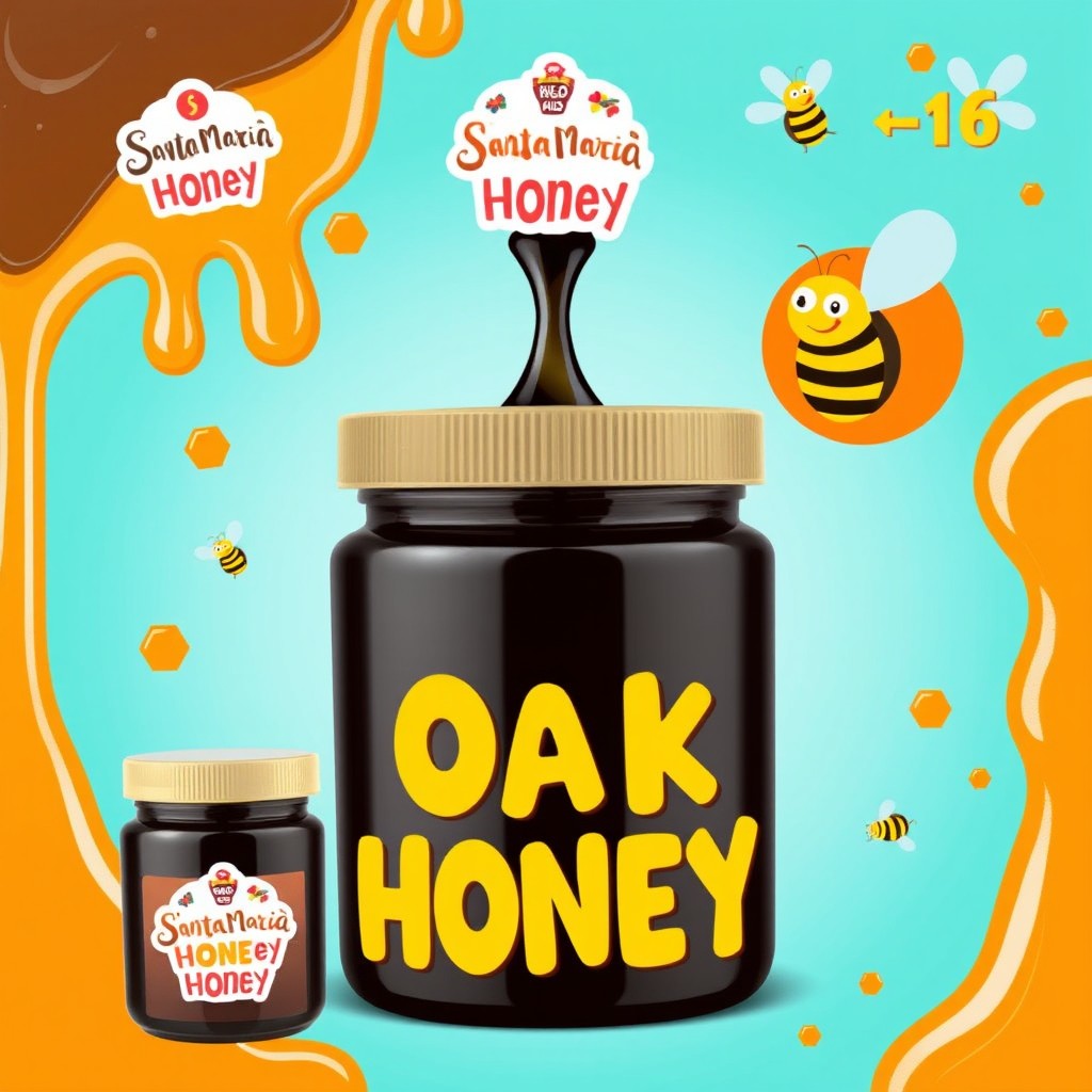 A vibrant and engaging advertisement for black Oak Honey branded with the 'Santa Maria Honey' logo