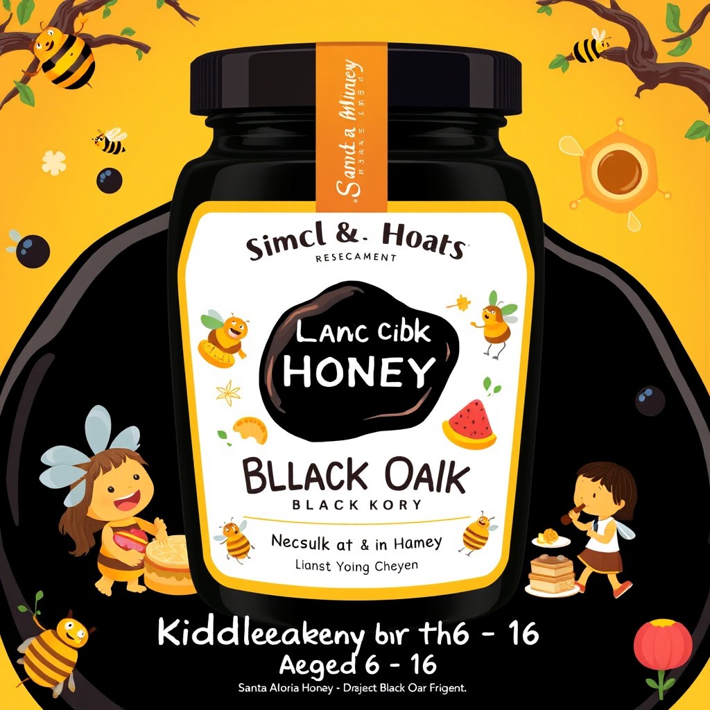 A vibrant and engaging publicity image promoting Santa Maria Honey's Black Oak Honey specifically targeted for children aged 6 to 16