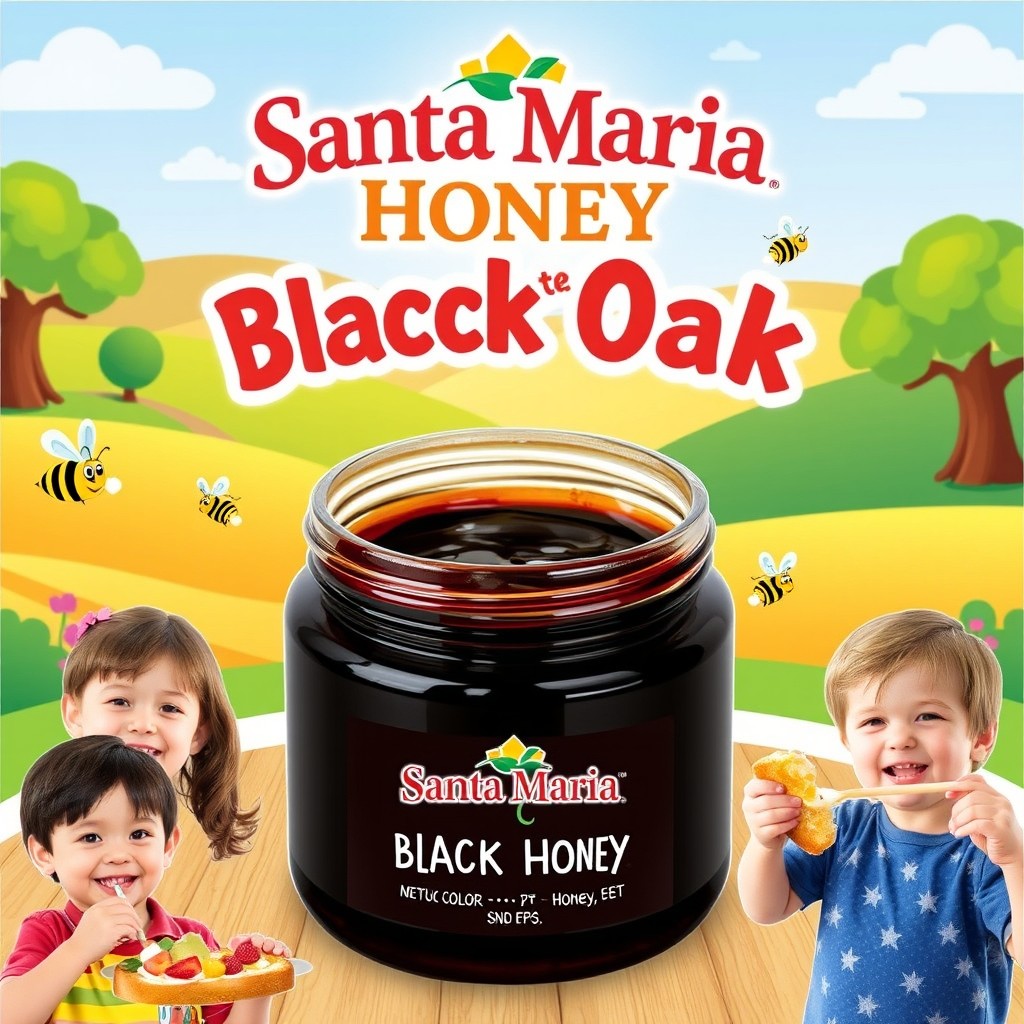 An appealing and vibrant advertisement for Santa Maria Honey featuring Black Oak Honey