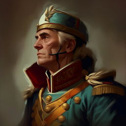 Further reduce the brush stroke count in the digitally painted portrait of the fantasy General, using only the minimal strokes necessary to depict his face while preserving the textured style of classic oil paintings.