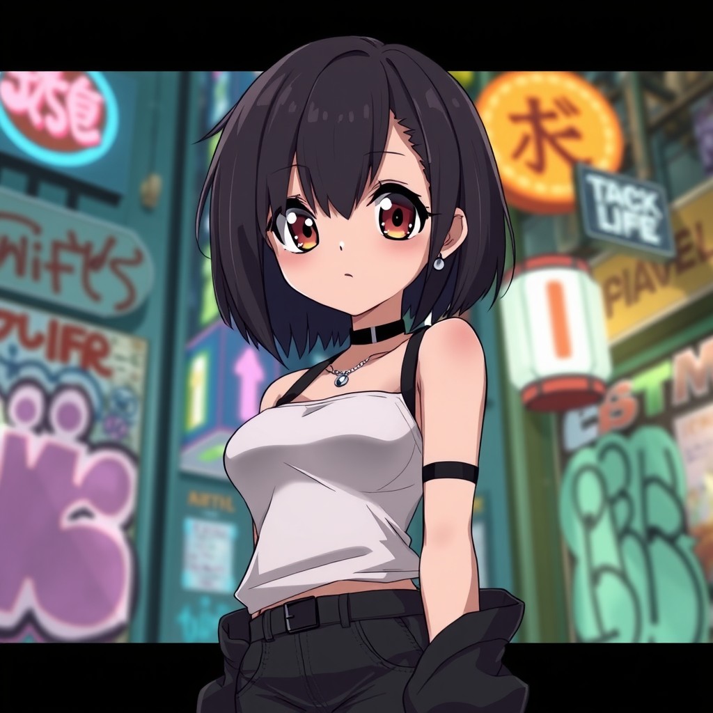 A thick anime girl with black short hair, wearing a stylish and fashionable outfit