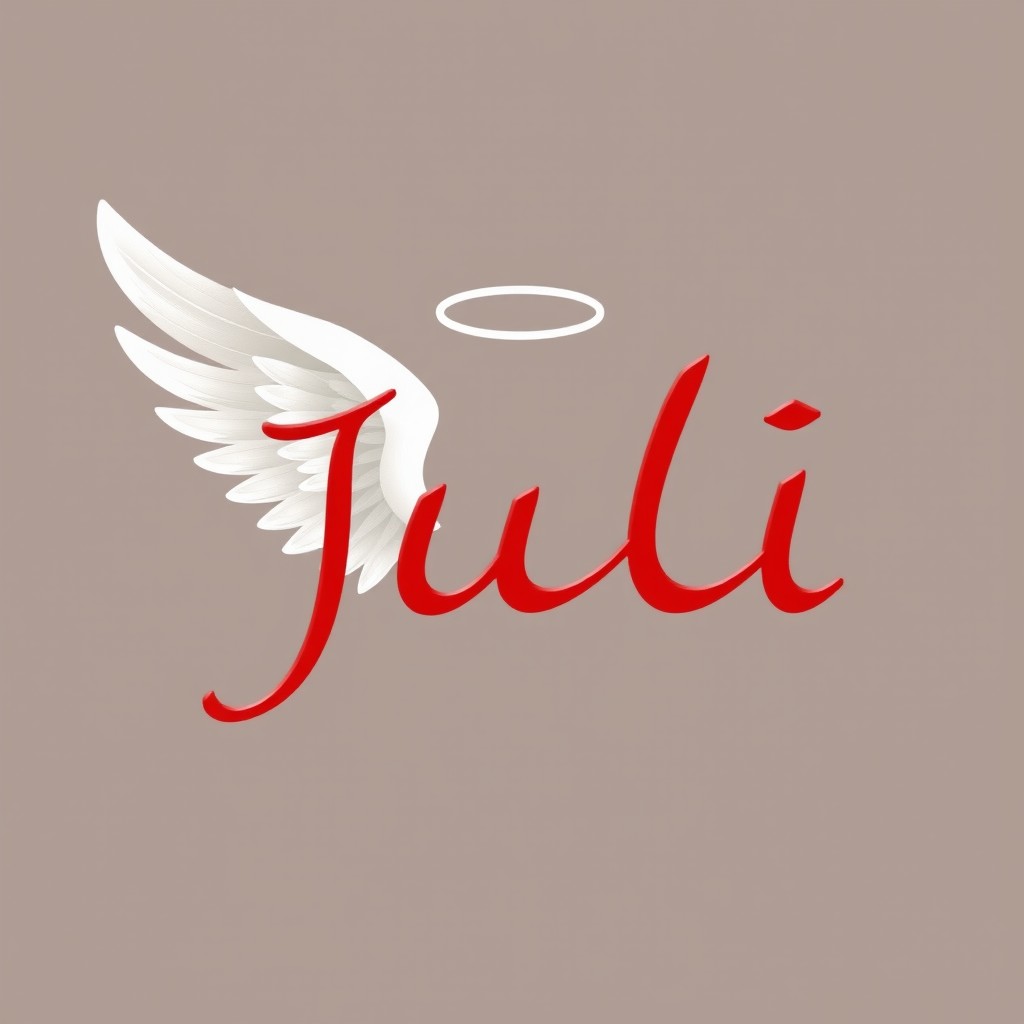 The name 'جولي' (Juli) written in Arabic with an elegant artistic style in red color, adorned with soft white angel wings and a delicate white crown above it