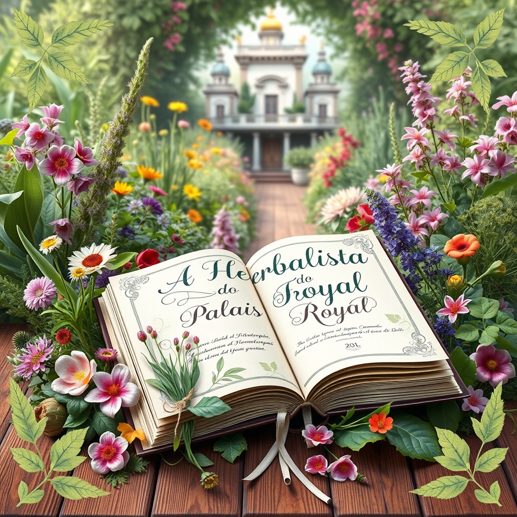 A captivating book cover design for 'A Herbalista do Palais Royal - Diário para Iniciados em Fitoterapia, Aromaterapia e Florais de Bach'